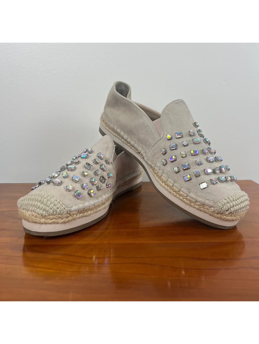Botkier Susie Crystal Embellished Suede Espadrille Loafers Beige Women's 7.5